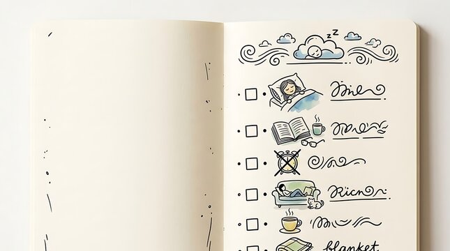 Relaxation and sleep routine sketches in an open notebook
