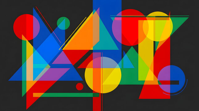 Modern geometric composition featuring overlapping colorful shapes on a dark background