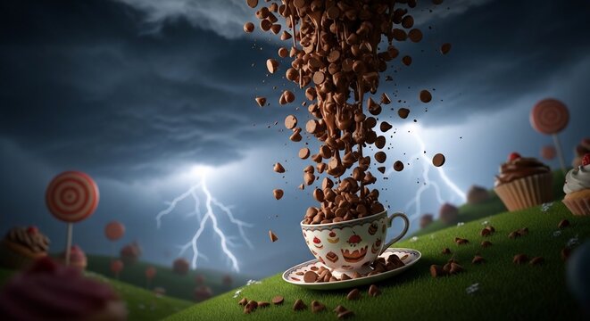 Chocolate cereal pouring into a cup on a green hill with sweets
