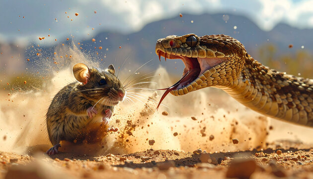 Wildlife action scene of snake attacking mouse in desert