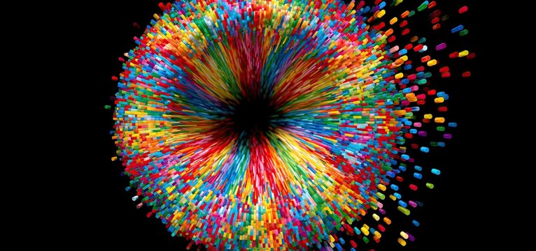 Multicolored pixelated circles create a lively pattern on a dark background for contemporary marketing visuals.