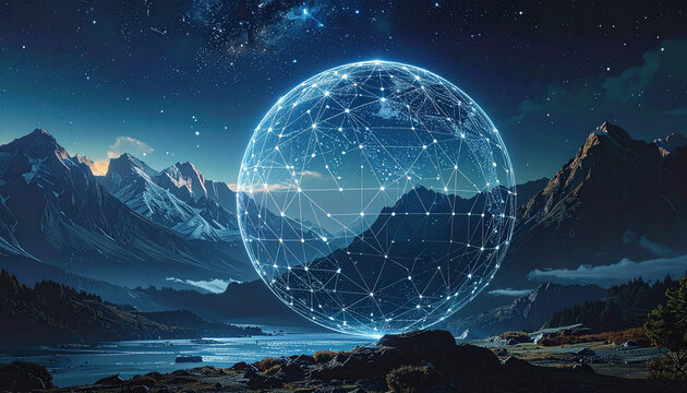 Glowing digital globe in starry night sky over mountain landscape