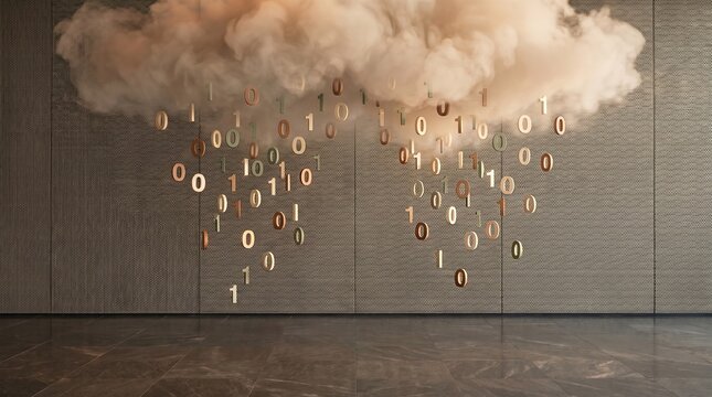 Cloud with binary digits raining on beneath soft background, code rain, binary flow, cloud innovation concept