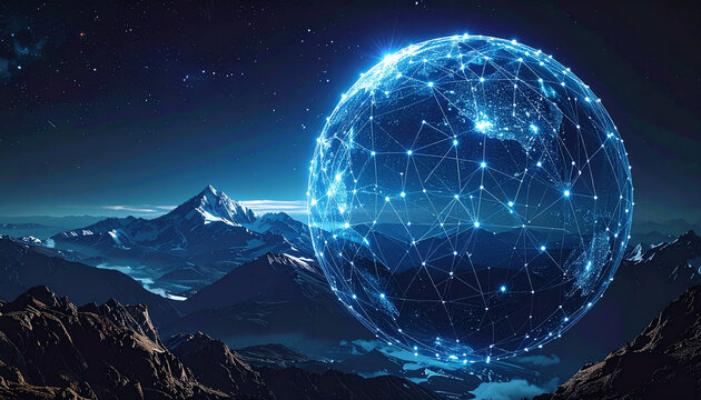 Glowing blue globe on mountain range at night with starry sky