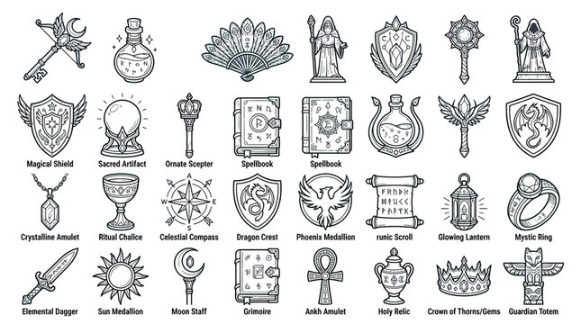 Fantasy Game Icons: Magical Items, Shields, Weapons, Scrolls, Potions