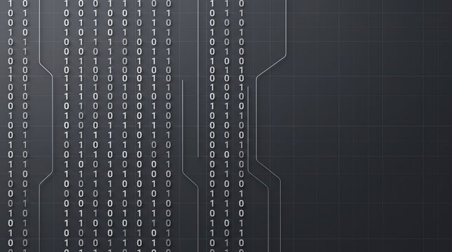 Organized binary code streams with connected data lines on dark background, code rain, binary flow, secure network concept
