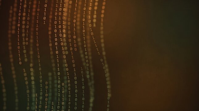 Warm binary code cascade with layered depth on dark background, code rain, binary flow, corporate technology background