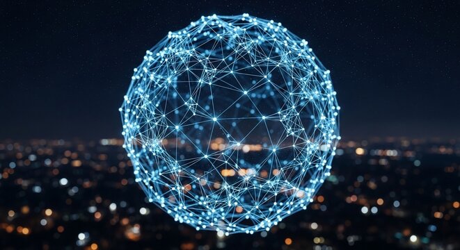 Glowing blue network sphere on cityscape at night