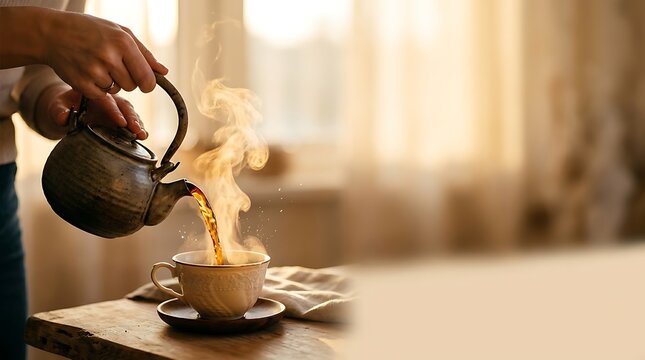 Hot steaming tea pouring from a ceramic teapot into a cup