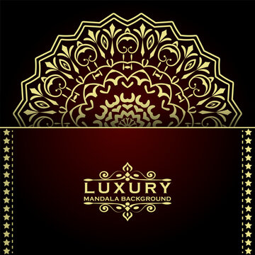 Golden mandala half-circle pattern on dark maroon background, with vertical star, borders and ornate, central luxury text frame