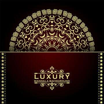 Gold mandala pattern with ornate frame and star borders on a dark maroon and black background, decorative symmetrical geometric ornament