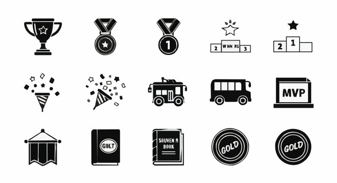 Collection of black and white vector icons celebrating achievement and transport, featuring trophies, medals, podiums, confetti, buses, and mvp awards, ideal for award ceremonies,