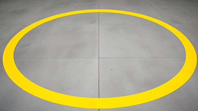 Yellow caution tape forms a perfect circle on a gray floor in a geometric pattern.