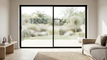 Fototapeta premium Contemporary living room featuring expansive sliding glass doors that open to a vibrant garden landscape