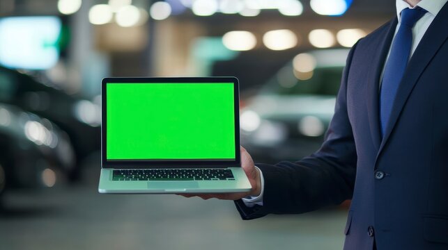 Businessman presenting laptop with green screen in showroom.