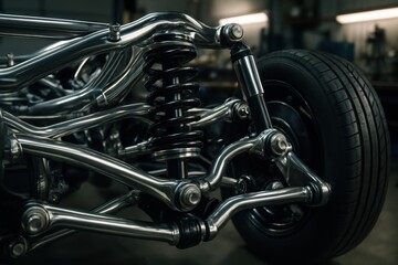 Fototapeta premium Close-up of a high-performance car suspension system with gleaming chrome components and tire, highlighting intricate automotive engineering and design in a workshop. Ideal for tech or auto blogs.