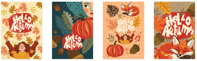 Hello, autumn. Vector cute illustration of nature, frame, pattern, forest, leaves, leaf, pumpkin, acorn, girl, fox, maple leaf for background, greeting card, invitation, poster or background © An