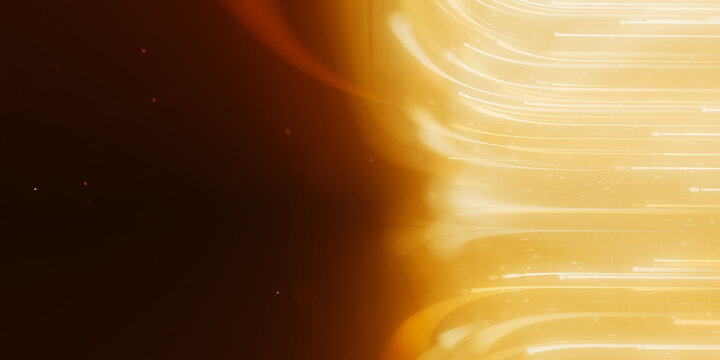 Golden curved data trail turning in abstract cyberspace. 3D quantum light flow with magic glow.