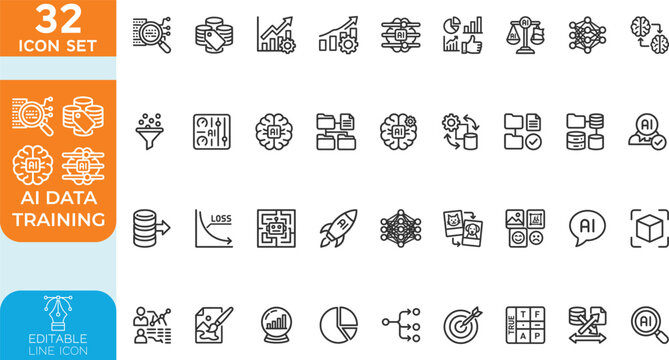 AI Data Training line editable Vector illustration icon set. neural networks, deep learning, big data processing, and algorithm development. on transparent background.