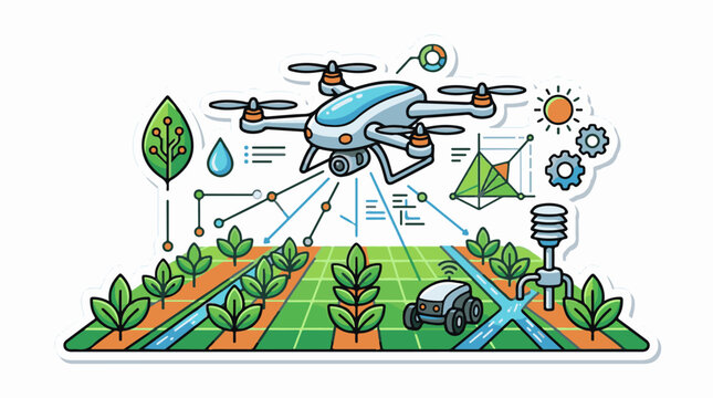 Futuristic farm with drone robot and data analysis elements