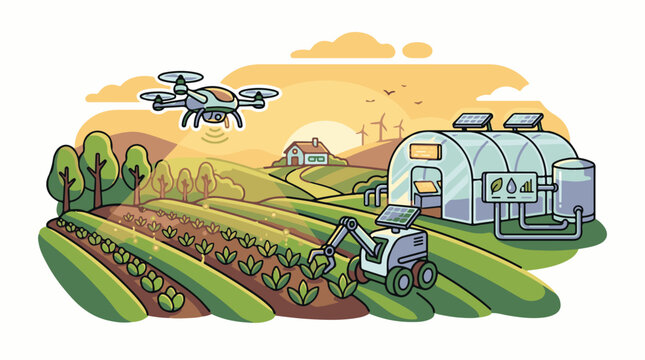 Futuristic farm with drone robot greenhouse and solar power