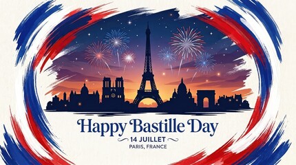 Happy bastille day background featuring abstract french flag brush stroke frame around paris cityscape silhouette with fireworks illustration