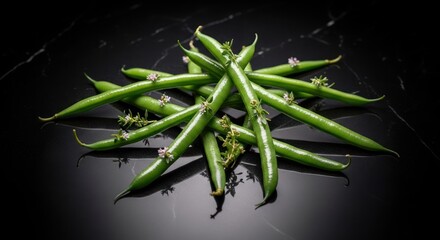 Fototapeta premium Fresh green beans with delicate blossoms are artfully arranged on a reflective dark surface