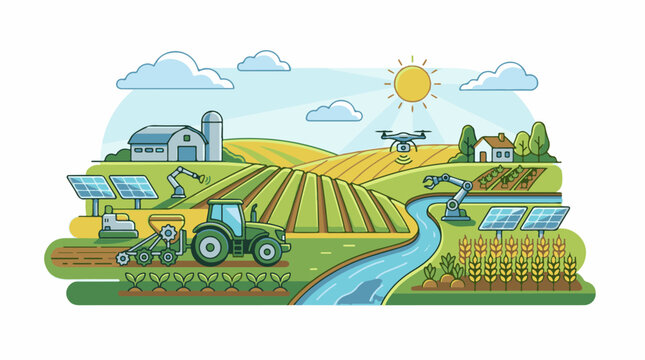 Futuristic farm with drone robots and solar power