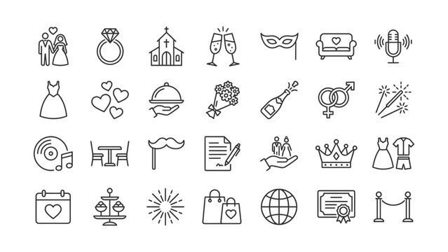 A comprehensive collection of elegant thin line icons representing wedding party celebration and event concepts on clean white background