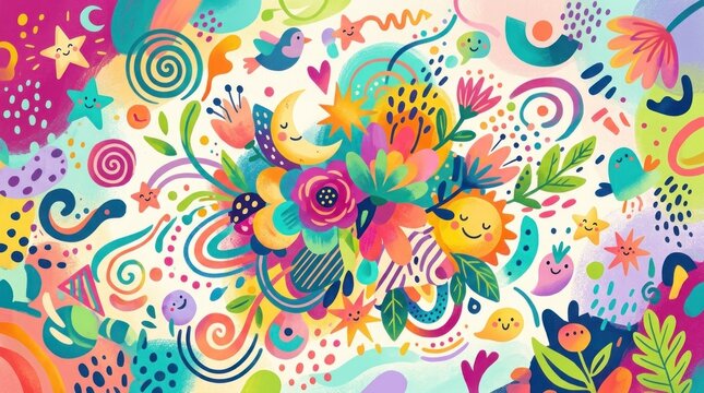 A vibrant, colorful abstract illustration featuring a bouquet of flowers, birds, and swirls in a playful, whimsical style.