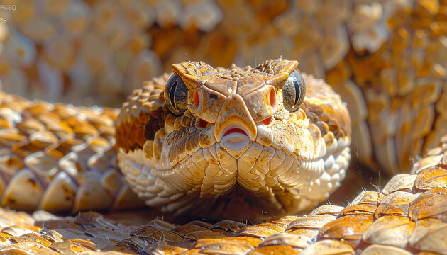 Close-up of venomous snake with scaly skin and piercing eyes