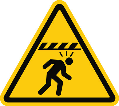 Warning sign for falling objects or low headroom featuring a black silhouette of a person with danger above isolated on a white background for safety awareness