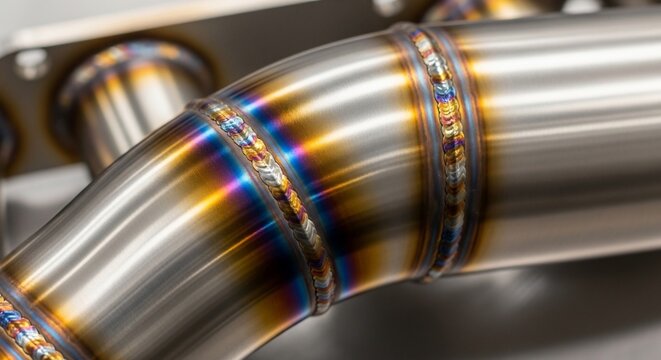 Close-up of welded metal pipe with rainbow-colored joints
