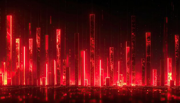 Abstract red technology background with glowing digital bars for data visualization.