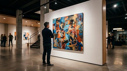 Fototapeta premium Man looking at large abstract painting in modern art gallery