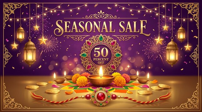 Festive Seasonal Sale Banner with Rakhi Diya and Fireworks for Raksha Bandhan Marketing Promotion