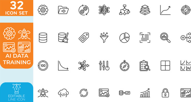 AI Data Training line editable Vector illustration icon set. neural networks, deep learning, big data processing, and algorithm development. on transparent background.