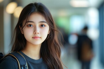 Naklejka premium Close up portrait of a beautiful young asian college girl looking at camera in the hallway