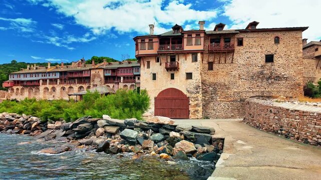 Fortified Xenophontos Monastery in the monastic state of Mount Athos, Greece