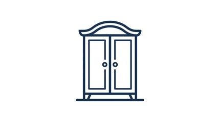 Fototapeta premium A minimalist line art icon of a classic wooden wardrobe with two doors, decorative curved top molding, and small legs, isolated on a clean white background. 