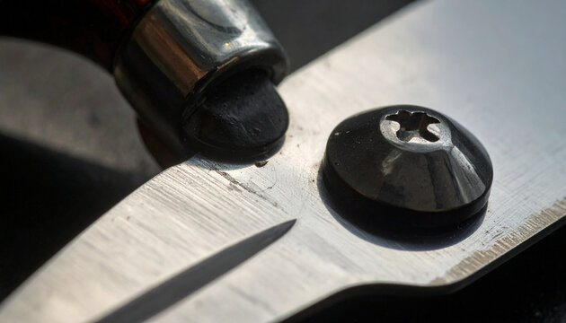 Close-up of metal tool with screw and bolt on metal surface