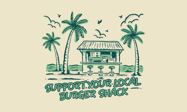 Vintage hand drawn illustration of a tropical burger shack on a beach with palm trees