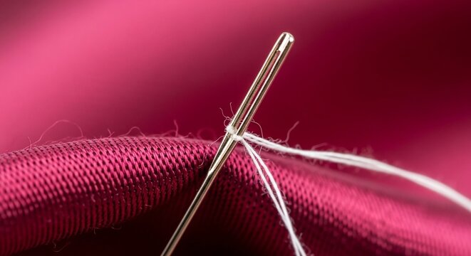 Close-up of sewing needle and thread on fabric