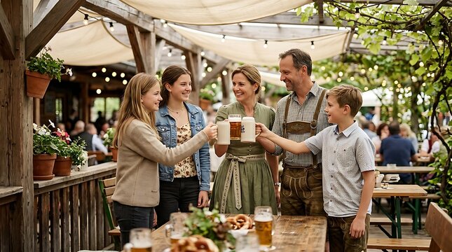 Happy family toasting with mugs in a traditional beer garden