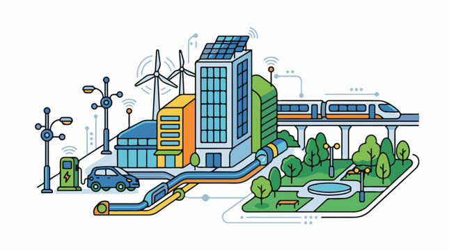 Futuristic cityscape powered by renewables smart transport and green spaces