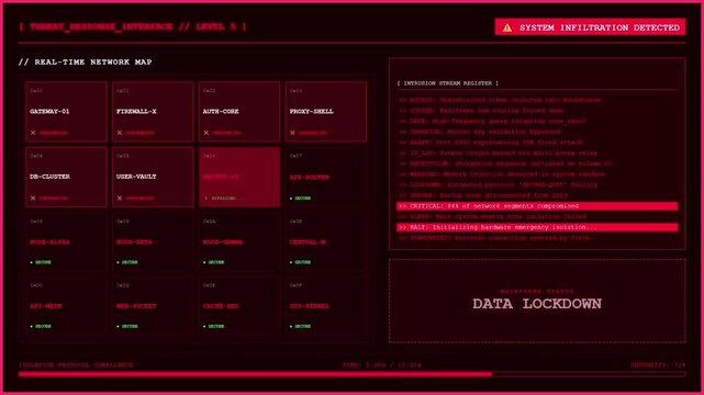 Network Intrusion Node Compromise Map Threat Response Data Lockdown Animation.