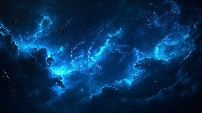 Dramatic blue lightning strikes across a dark night sky filled with stormy clouds.