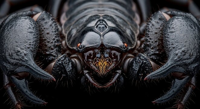 Close-up of large black scorpion with menacing look