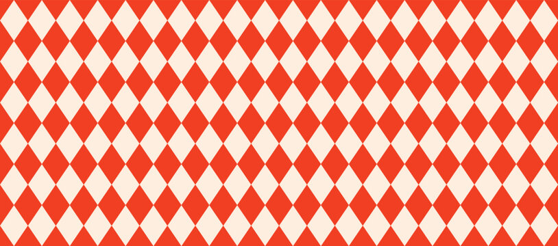 Red and White Harlequin Seamless Pattern, Vintage Geometric Rhombus Checkered Vector Background, Classic Argyle Diamond Texture Grid