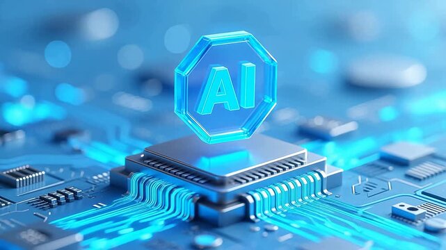 Futuristic blue AI chip on circuit board